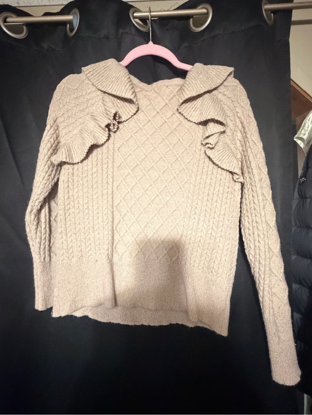 Ruffled Collar Cable Knit Sweater - Taupe